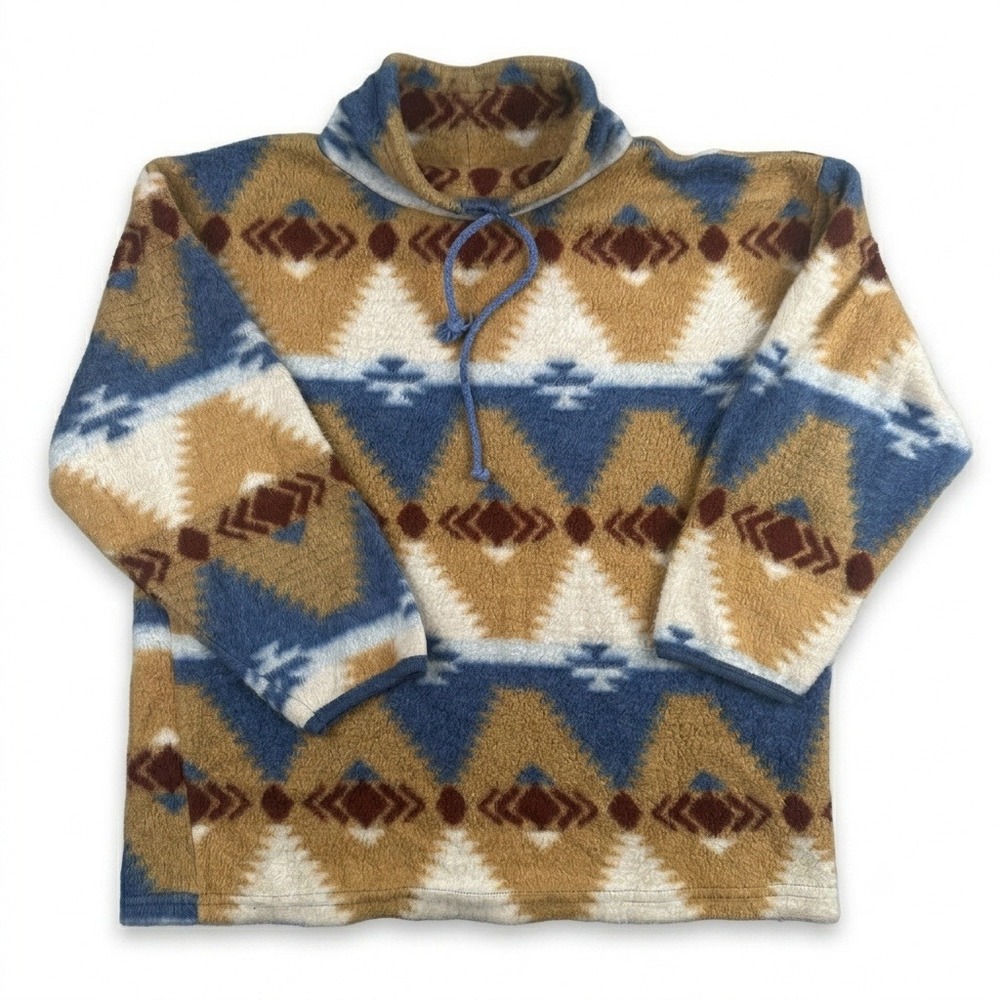 Vintage Jordache Concepts Fleece Pullover Southwestern Geometric Tan Blue Large
